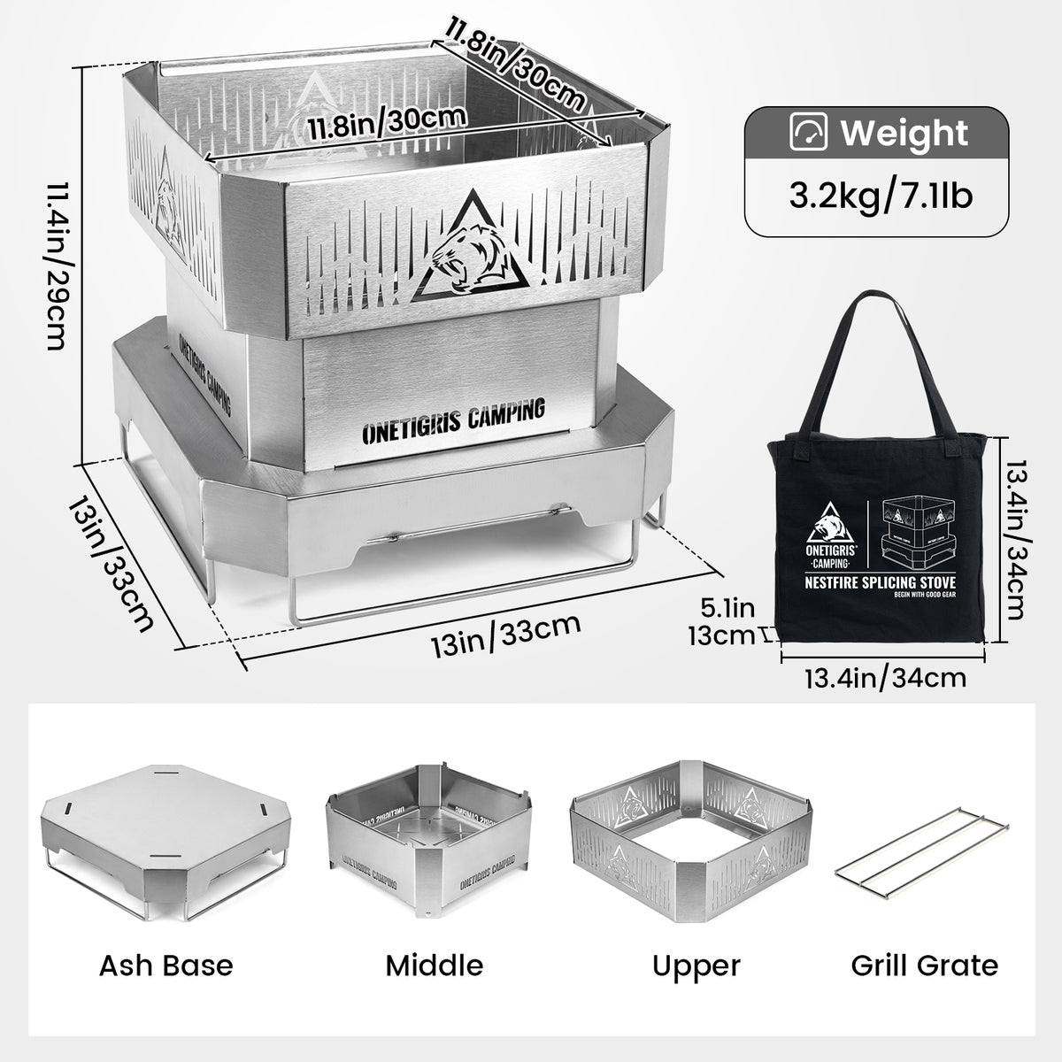 Stainless steel camping stove with dimensions, weight, and components displayed.