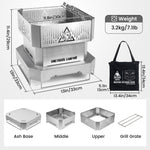 Stainless steel camping stove with dimensions, weight, and components displayed.