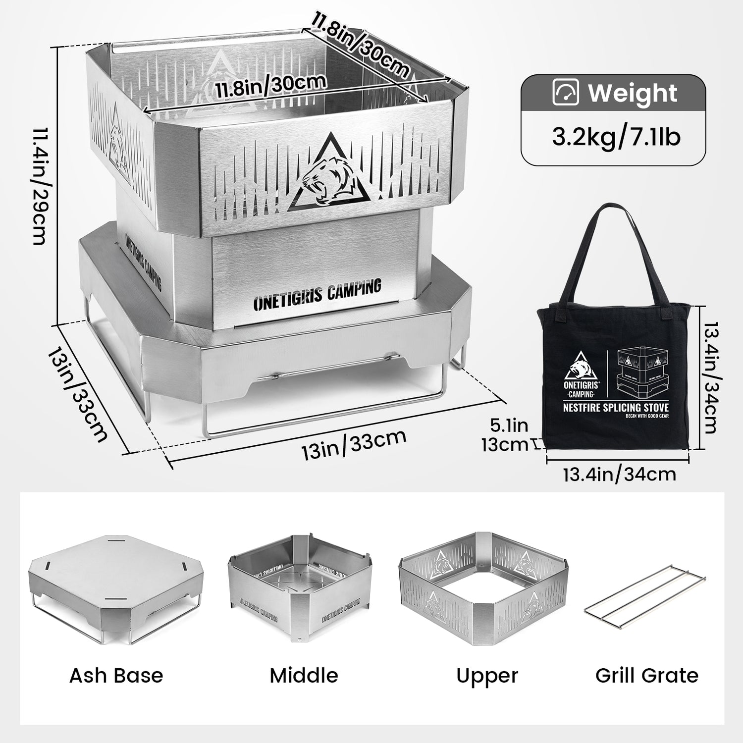 Stainless steel camping stove with dimensions, weight, and components displayed.