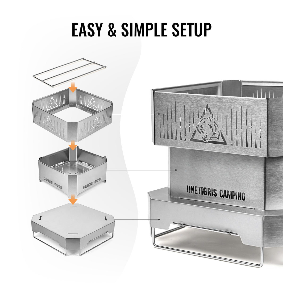 Step-by-step assembly of a metal camping fire pit with 'Onetigous Camping' branding.