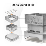 Step-by-step assembly of a metal camping fire pit with 'Onetigous Camping' branding.